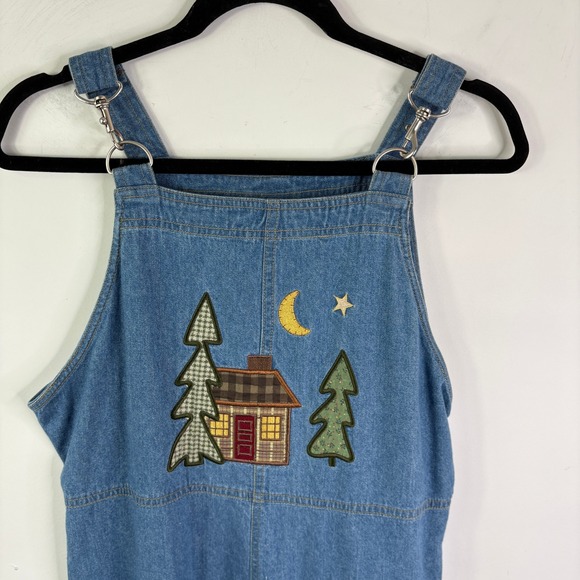 Vintage Christopher & Banks Denim Moose Cabin Moon Trees Overall Dress Size 8 - Picture 4 of 12